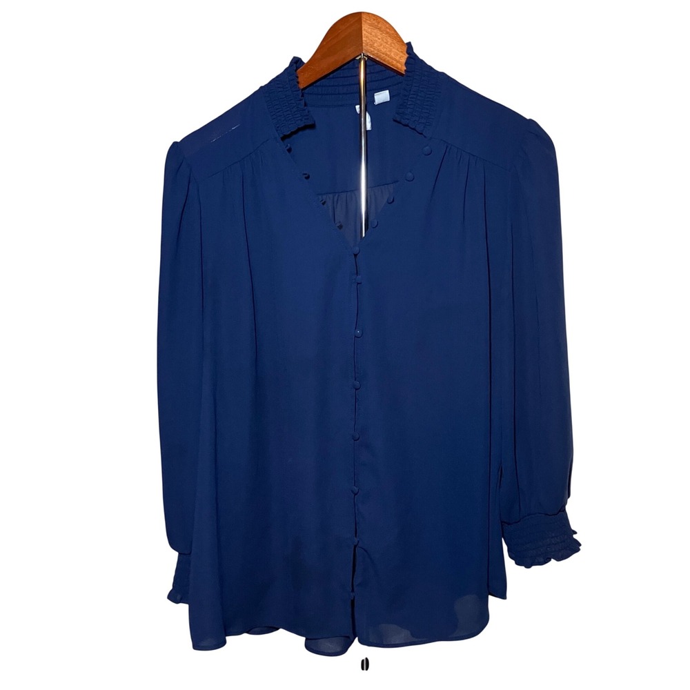 Cato Button Up Blouse Women's XL Navy Blue Smocked Neck Long Sleeve Top